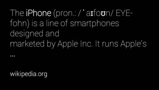语音搜索iPhone，谷歌眼镜立即显示维基百科定义、相关新闻、附近购买商店等完善的信息