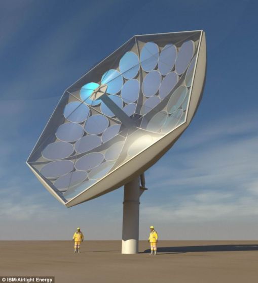 科学家研制的向日葵形太阳能集中器，采用一个巨大的抛物柱面反射器，由多个小镜构成。它们与一个追踪系统相连。追踪系统根据太阳的位置确定最理想的角度