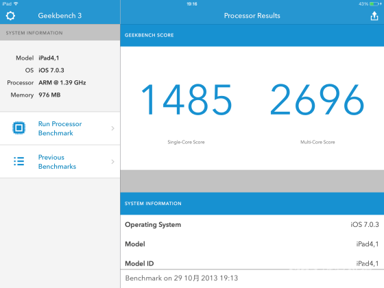 iPad Air的Geekbench 3测试成绩